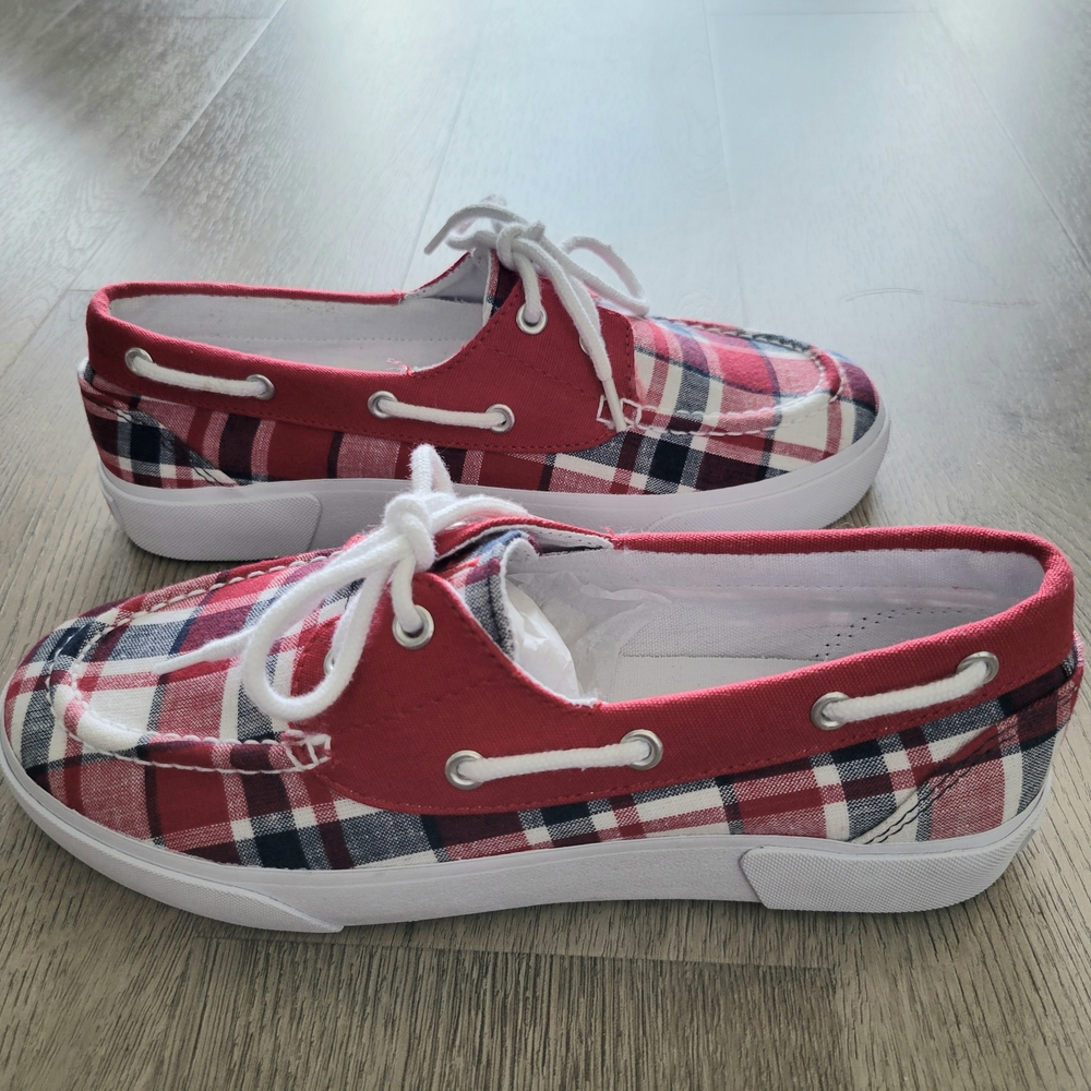 NWOT LAUREN RALPH LAUREN White Red Blue Breena Madras Plaid Boat Canvas Shoes 7B - Picture 4 of 7